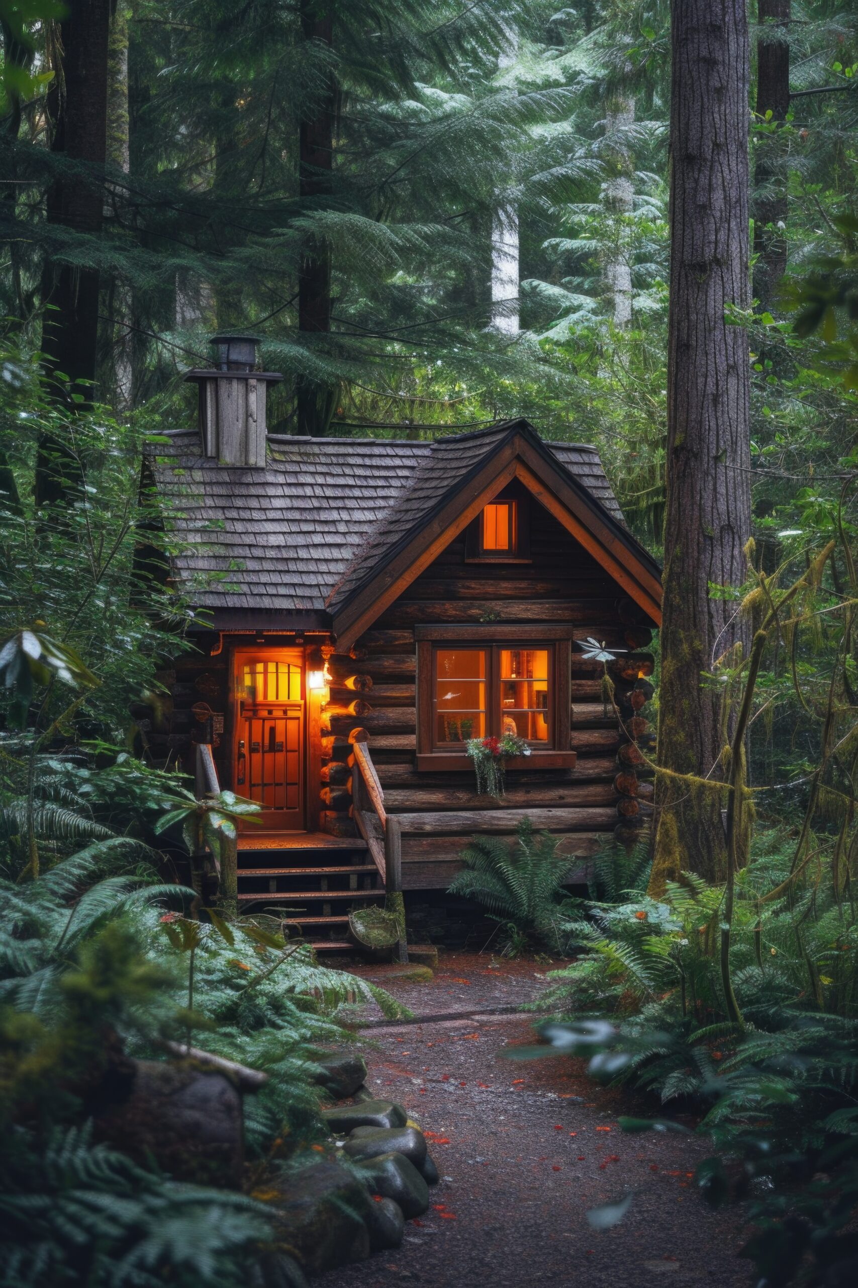 small log cabin in forest, in the style of floral accents, use of earth tones, photo taken with provia, streetscape, domestic interiors, lush and detailed, luxurious --ar 2:3 --v 6 Job ID: 1c7a7b83-1dee-4881-83ad-1e10f82136b5